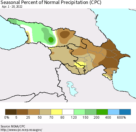 Azerbaijan, Armenia and Georgia Seasonal Percent of Normal Precipitation (CPC) Thematic Map For 4/1/2022 - 4/20/2022