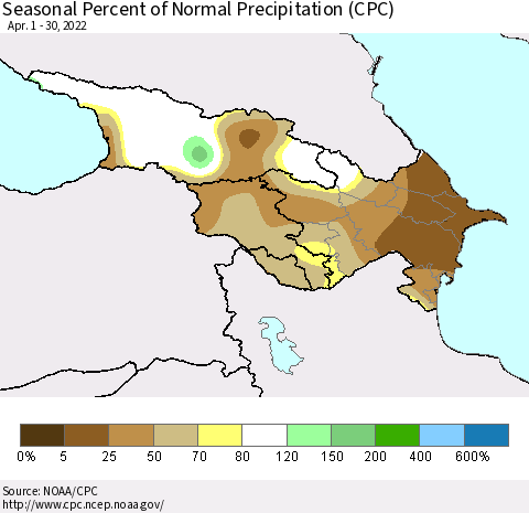 Azerbaijan, Armenia and Georgia Seasonal Percent of Normal Precipitation (CPC) Thematic Map For 4/1/2022 - 4/30/2022