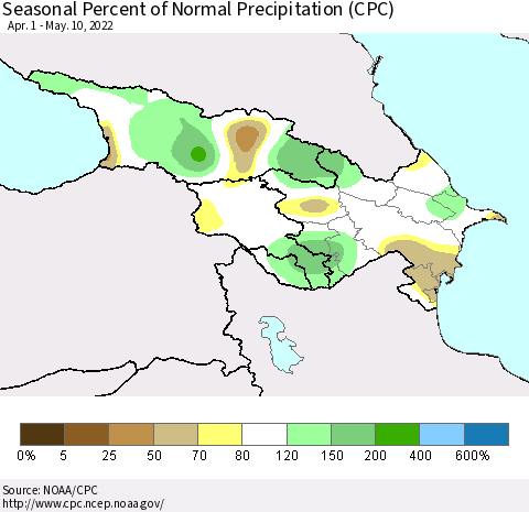Azerbaijan, Armenia and Georgia Seasonal Percent of Normal Precipitation (CPC) Thematic Map For 4/1/2022 - 5/10/2022