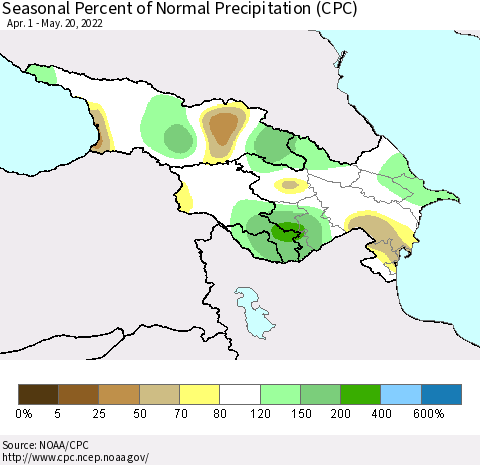 Azerbaijan, Armenia and Georgia Seasonal Percent of Normal Precipitation (CPC) Thematic Map For 4/1/2022 - 5/20/2022