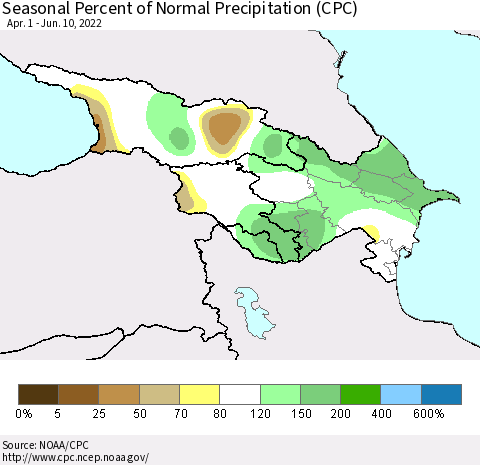 Azerbaijan, Armenia and Georgia Seasonal Percent of Normal Precipitation (CPC) Thematic Map For 4/1/2022 - 6/10/2022