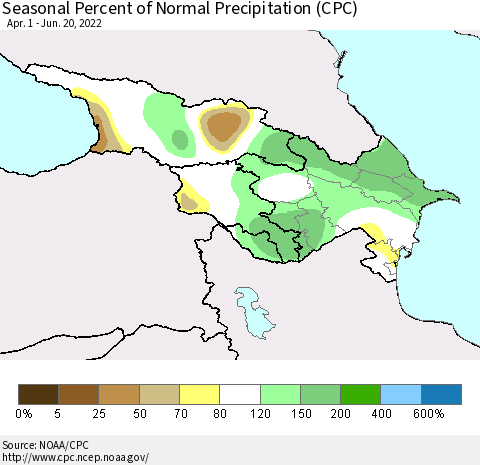 Azerbaijan, Armenia and Georgia Seasonal Percent of Normal Precipitation (CPC) Thematic Map For 4/1/2022 - 6/20/2022