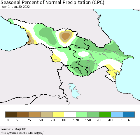Azerbaijan, Armenia and Georgia Seasonal Percent of Normal Precipitation (CPC) Thematic Map For 4/1/2022 - 6/30/2022