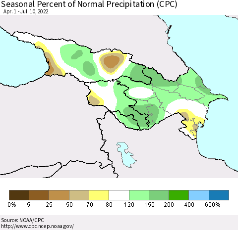 Azerbaijan, Armenia and Georgia Seasonal Percent of Normal Precipitation (CPC) Thematic Map For 4/1/2022 - 7/10/2022