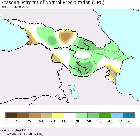 Azerbaijan, Armenia and Georgia Seasonal Percent of Normal Precipitation (CPC) Thematic Map For 4/1/2022 - 7/20/2022
