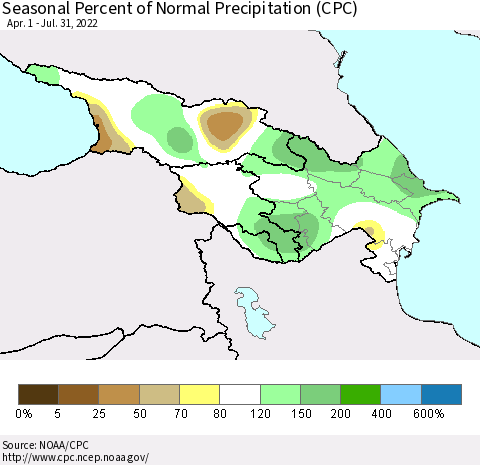 Azerbaijan, Armenia and Georgia Seasonal Percent of Normal Precipitation (CPC) Thematic Map For 4/1/2022 - 7/31/2022