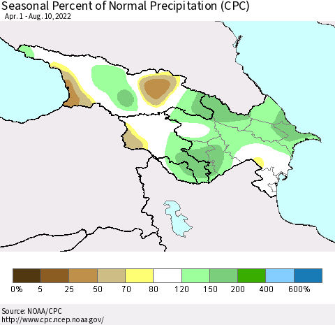 Azerbaijan, Armenia and Georgia Seasonal Percent of Normal Precipitation (CPC) Thematic Map For 4/1/2022 - 8/10/2022