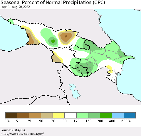 Azerbaijan, Armenia and Georgia Seasonal Percent of Normal Precipitation (CPC) Thematic Map For 4/1/2022 - 8/20/2022