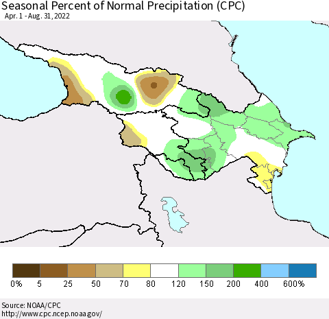 Azerbaijan, Armenia and Georgia Seasonal Percent of Normal Precipitation (CPC) Thematic Map For 4/1/2022 - 8/31/2022