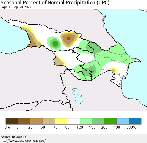 Azerbaijan, Armenia and Georgia Seasonal Percent of Normal Precipitation (CPC) Thematic Map For 4/1/2022 - 9/20/2022