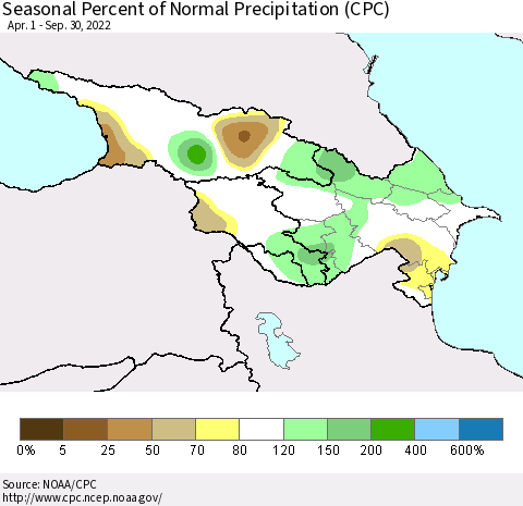 Azerbaijan, Armenia and Georgia Seasonal Percent of Normal Precipitation (CPC) Thematic Map For 4/1/2022 - 9/30/2022