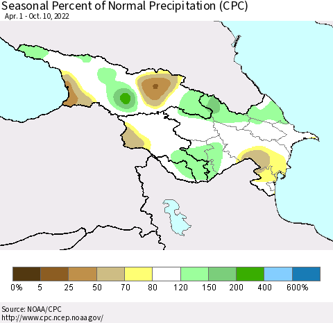 Azerbaijan, Armenia and Georgia Seasonal Percent of Normal Precipitation (CPC) Thematic Map For 4/1/2022 - 10/10/2022