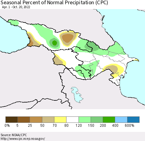 Azerbaijan, Armenia and Georgia Seasonal Percent of Normal Precipitation (CPC) Thematic Map For 4/1/2022 - 10/20/2022