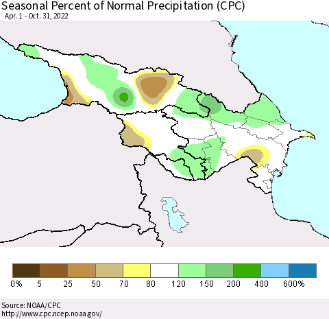 Azerbaijan, Armenia and Georgia Seasonal Percent of Normal Precipitation (CPC) Thematic Map For 4/1/2022 - 10/31/2022