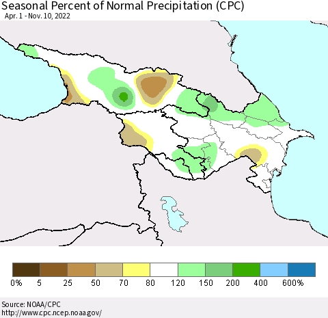 Azerbaijan, Armenia and Georgia Seasonal Percent of Normal Precipitation (CPC) Thematic Map For 4/1/2022 - 11/10/2022