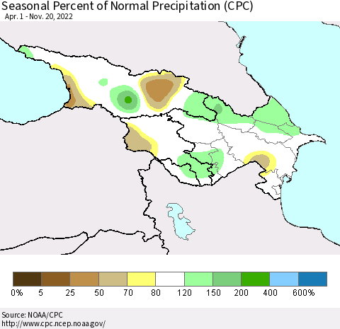 Azerbaijan, Armenia and Georgia Seasonal Percent of Normal Precipitation (CPC) Thematic Map For 4/1/2022 - 11/20/2022