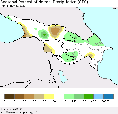 Azerbaijan, Armenia and Georgia Seasonal Percent of Normal Precipitation (CPC) Thematic Map For 4/1/2022 - 11/30/2022