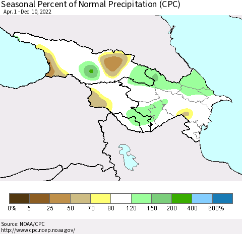 Azerbaijan, Armenia and Georgia Seasonal Percent of Normal Precipitation (CPC) Thematic Map For 4/1/2022 - 12/10/2022