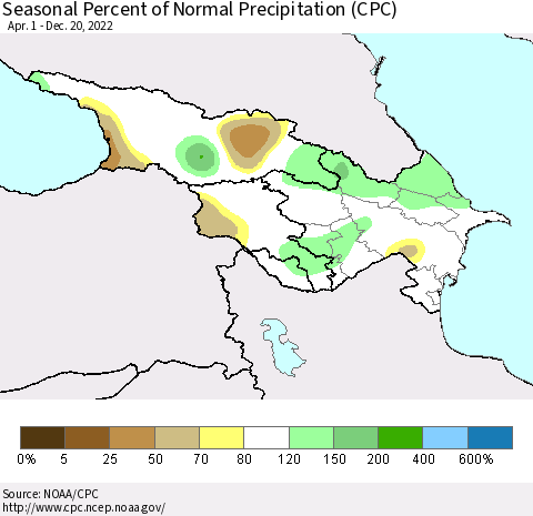 Azerbaijan, Armenia and Georgia Seasonal Percent of Normal Precipitation (CPC) Thematic Map For 4/1/2022 - 12/20/2022