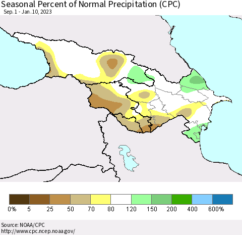 Azerbaijan, Armenia and Georgia Seasonal Percent of Normal Precipitation (CPC) Thematic Map For 9/1/2022 - 1/10/2023