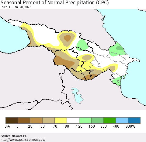 Azerbaijan, Armenia and Georgia Seasonal Percent of Normal Precipitation (CPC) Thematic Map For 9/1/2022 - 1/20/2023