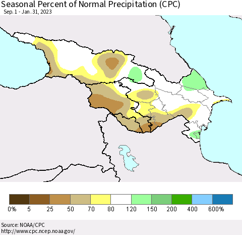 Azerbaijan, Armenia and Georgia Seasonal Percent of Normal Precipitation (CPC) Thematic Map For 9/1/2022 - 1/31/2023