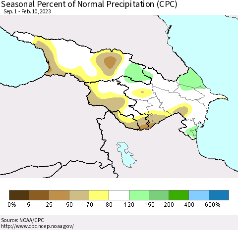Azerbaijan, Armenia and Georgia Seasonal Percent of Normal Precipitation (CPC) Thematic Map For 9/1/2022 - 2/10/2023