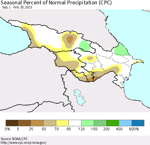 Azerbaijan, Armenia and Georgia Seasonal Percent of Normal Precipitation (CPC) Thematic Map For 9/1/2022 - 2/20/2023