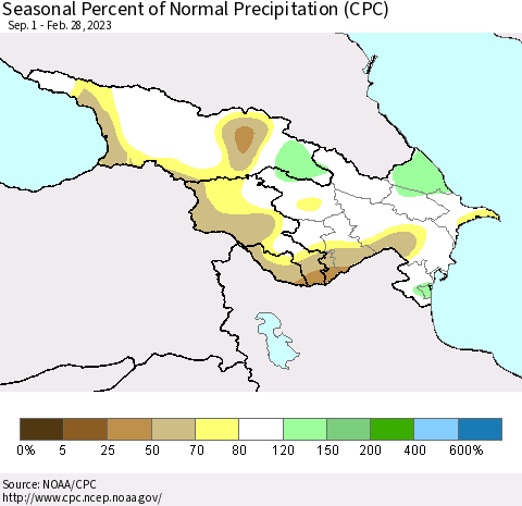 Azerbaijan, Armenia and Georgia Seasonal Percent of Normal Precipitation (CPC) Thematic Map For 9/1/2022 - 2/28/2023