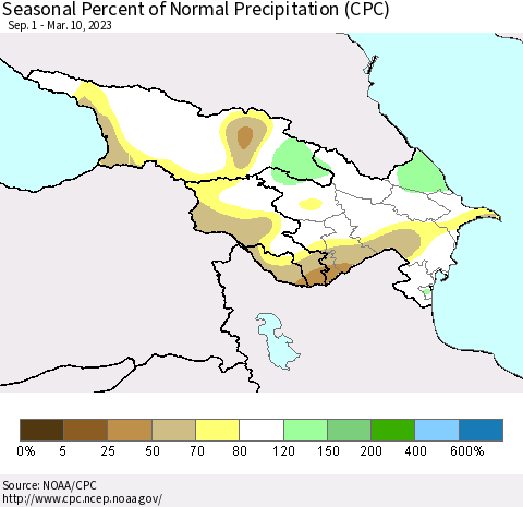 Azerbaijan, Armenia and Georgia Seasonal Percent of Normal Precipitation (CPC) Thematic Map For 9/1/2022 - 3/10/2023