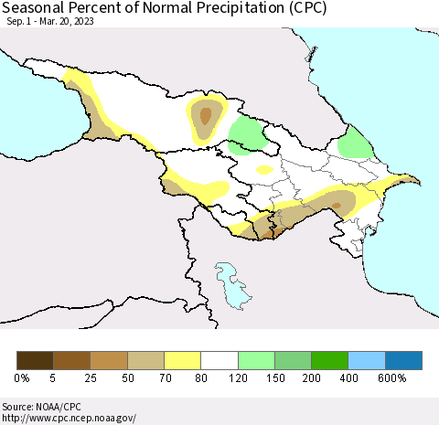Azerbaijan, Armenia and Georgia Seasonal Percent of Normal Precipitation (CPC) Thematic Map For 9/1/2022 - 3/20/2023