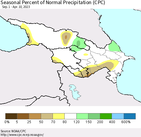 Azerbaijan, Armenia and Georgia Seasonal Percent of Normal Precipitation (CPC) Thematic Map For 9/1/2022 - 4/10/2023