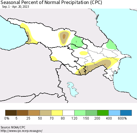 Azerbaijan, Armenia and Georgia Seasonal Percent of Normal Precipitation (CPC) Thematic Map For 9/1/2022 - 4/20/2023