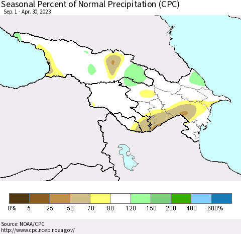 Azerbaijan, Armenia and Georgia Seasonal Percent of Normal Precipitation (CPC) Thematic Map For 9/1/2022 - 4/30/2023