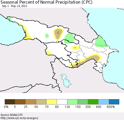 Azerbaijan, Armenia and Georgia Seasonal Percent of Normal Precipitation (CPC) Thematic Map For 9/1/2022 - 5/10/2023