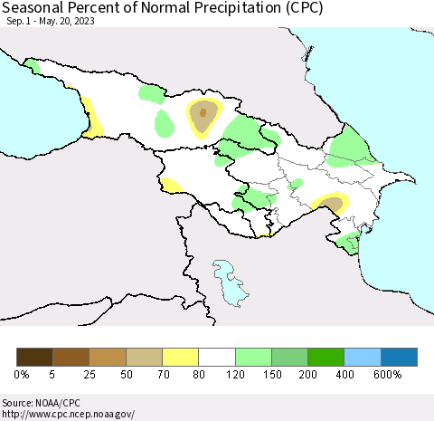 Azerbaijan, Armenia and Georgia Seasonal Percent of Normal Precipitation (CPC) Thematic Map For 9/1/2022 - 5/20/2023