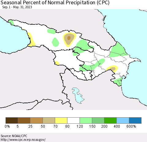 Azerbaijan, Armenia and Georgia Seasonal Percent of Normal Precipitation (CPC) Thematic Map For 9/1/2022 - 5/31/2023
