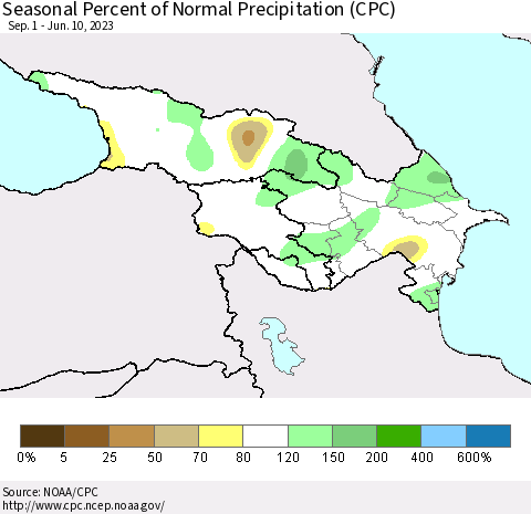 Azerbaijan, Armenia and Georgia Seasonal Percent of Normal Precipitation (CPC) Thematic Map For 9/1/2022 - 6/10/2023