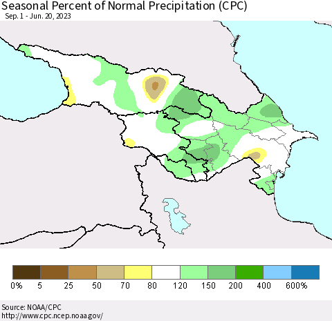 Azerbaijan, Armenia and Georgia Seasonal Percent of Normal Precipitation (CPC) Thematic Map For 9/1/2022 - 6/20/2023