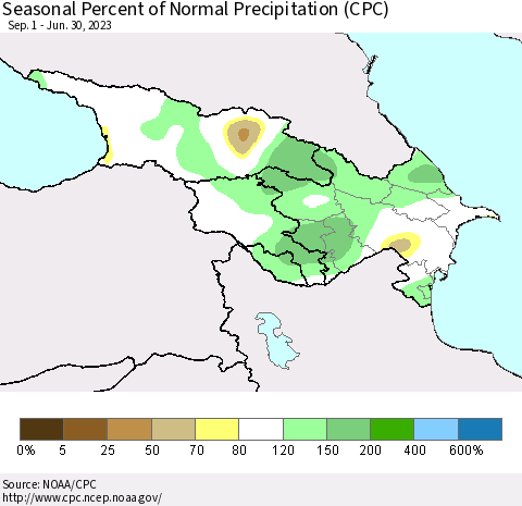 Azerbaijan, Armenia and Georgia Seasonal Percent of Normal Precipitation (CPC) Thematic Map For 9/1/2022 - 6/30/2023