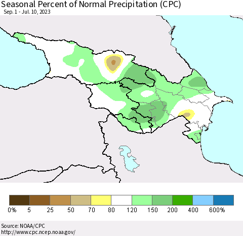 Azerbaijan, Armenia and Georgia Seasonal Percent of Normal Precipitation (CPC) Thematic Map For 9/1/2022 - 7/10/2023