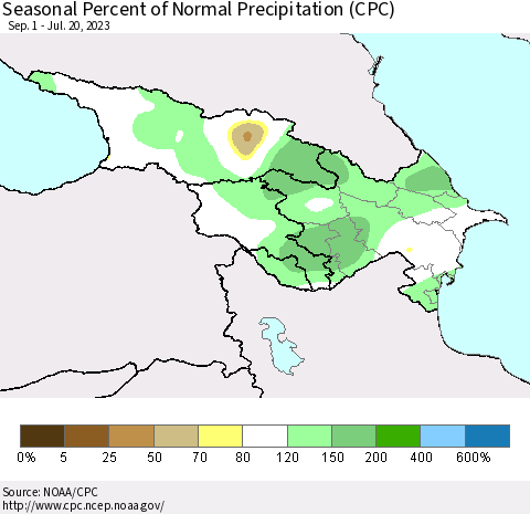 Azerbaijan, Armenia and Georgia Seasonal Percent of Normal Precipitation (CPC) Thematic Map For 9/1/2022 - 7/20/2023