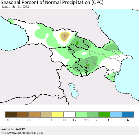 Azerbaijan, Armenia and Georgia Seasonal Percent of Normal Precipitation (CPC) Thematic Map For 9/1/2022 - 7/31/2023