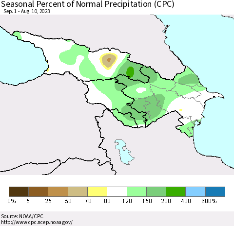 Azerbaijan, Armenia and Georgia Seasonal Percent of Normal Precipitation (CPC) Thematic Map For 9/1/2022 - 8/10/2023
