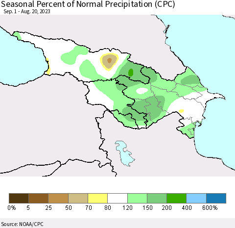 Azerbaijan, Armenia and Georgia Seasonal Percent of Normal Precipitation (CPC) Thematic Map For 9/1/2022 - 8/20/2023