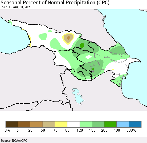 Azerbaijan, Armenia and Georgia Seasonal Percent of Normal Precipitation (CPC) Thematic Map For 9/1/2022 - 8/31/2023