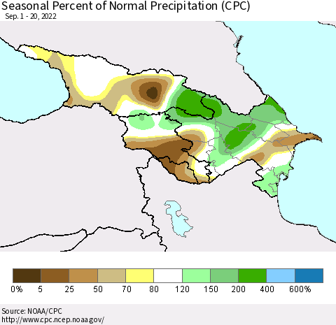 Azerbaijan, Armenia and Georgia Seasonal Percent of Normal Precipitation (CPC) Thematic Map For 9/1/2022 - 9/20/2022