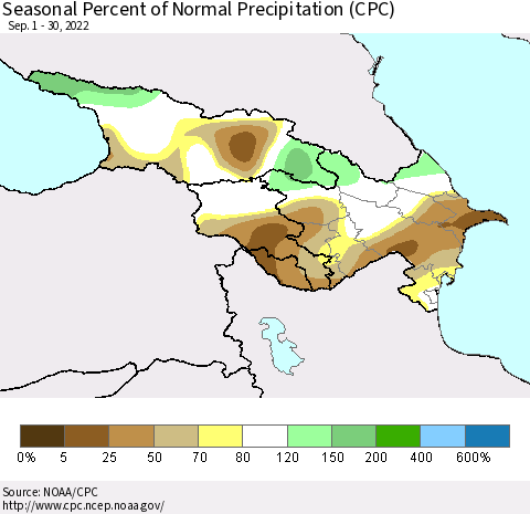 Azerbaijan, Armenia and Georgia Seasonal Percent of Normal Precipitation (CPC) Thematic Map For 9/1/2022 - 9/30/2022