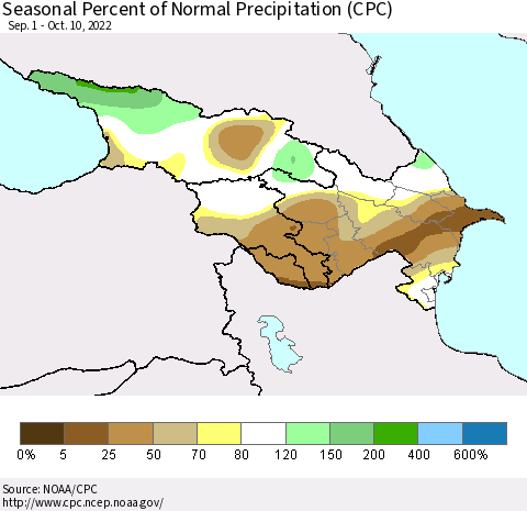 Azerbaijan, Armenia and Georgia Seasonal Percent of Normal Precipitation (CPC) Thematic Map For 9/1/2022 - 10/10/2022