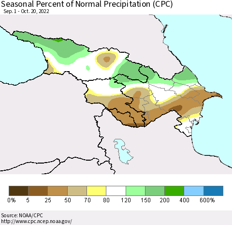 Azerbaijan, Armenia and Georgia Seasonal Percent of Normal Precipitation (CPC) Thematic Map For 9/1/2022 - 10/20/2022